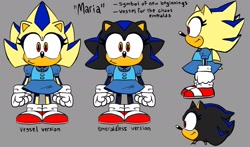 Size: 2048x1208 | Tagged: dead source, safe, artist:mykell cube, oc, oc:maria the hedgehog, hedgehog, alternate universe, character sheet, child, fankid, grey background, looking at viewer, magical gay spawn, oc only, parent:shadow, parent:sonic, parents:sonadow, side view, simple background, smile, solo, standing, text