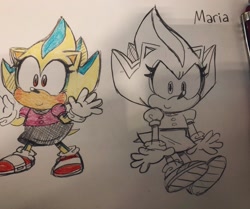 Size: 2047x1715 | Tagged: dead source, safe, artist:mykell cube, oc, oc:maria the hedgehog, hedgehog, character name, child, fankid, hands up, magical gay spawn, oc only, parent:shadow, parent:sonic, parents:sonadow, simple background, smile, solo, standing, traditional media, white background