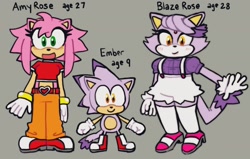 Size: 2048x1302 | Tagged: safe, artist:mykell cube, amy rose, blaze the cat, oc, oc:ember the sol prince, cat, hedgehog, hybrid, aged up, alternate outfit, amy x blaze, character name, child, family, fankid, grey background, looking at viewer, magical lesbian spawn, midriff, mother and son, open mouth, pants, parent:amy, parent:blaze, parents:blazamy, shirt, simple background, smile, standing, text, trio