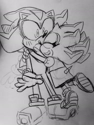 Size: 1542x2048 | Tagged: dead source, safe, artist:mykell cube, shadow the hedgehog, oc, oc:maria the hedgehog, hedgehog, blush, child, duo, eyes closed, fankid, father and daughter, frown, grey background, greyscale, grin, hug, magical gay spawn, monochrome, parent:shadow, parent:sonic, parents:sonadow, simple background, sketch, smile, standing, traditional media