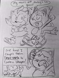 Size: 1551x2047 | Tagged: dead source, safe, artist:mykell cube, amy rose, oc, oc:ember the sol prince, oc:maria the hedgehog, cat, hedgehog, hybrid, arms behind back, arms up, child, clenched teeth, comic, dialogue, duo, eyes closed, fankid, frown, grey background, hand on own head, laughing, looking up, magical gay spawn, magical lesbian spawn, oc only, parent:amy, parent:blaze, parent:shadow, parent:sonic, parents:blazamy, parents:sonadow, simple background, sketch, smile, speech bubble, standing, sweat, tongue out, traditional media, walking