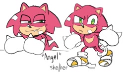 Size: 1024x611 | Tagged: dead source, safe, artist:mykell cube, oc, oc:angel the hedgehog, hedgehog, character name, child, fangs, oc only, parent:knuckles, parent:sonic, parents:knuxonic, simple background, smile, solo, standing, white background