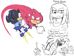 Size: 2732x2048 | Tagged: dead source, safe, artist:mykell cube, knuckles the echidna, oc, oc:angel the hedgehog, oc:maria the hedgehog, echidna, hedgehog, hybrid, aged up, blush, child, clenched teeth, dialogue, exclamation mark, father and daughter, fight, frown, lidded eyes, looking at each other, looking at them, mouth open, one fang, parent:knuckles, parent:shadow, parent:sonic, parents:knuxonic, parents:sonadow, pointing, sharp teeth, shouting, siblings, simple background, speech bubble, sweat, trio, white background