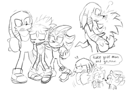 Size: 2732x2048 | Tagged: dead source, safe, artist:mykell cube, knuckles the echidna, shadow the hedgehog, sonic the hedgehog, echidna, hedgehog, blushing, dialogue, eyes closed, frown, gay, greyscale, grin, hand on another's shoulder, hug, knuxonic, looking at each other, looking at them, monochrome, shadow x sonic, shipping, simple background, sketch, smile, speech bubble, standing, trio, white background