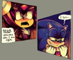 Size: 2059x1687 | Tagged: dead source, safe, artist:mykell cube, shadow the hedgehog, sonic the hedgehog, hedgehog, arm up, comic, dialogue, duo, grey background, grin, lidded eyes, open mouth, simple background, smile, sweat