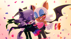 Size: 1790x986 | Tagged: safe, artist:oh-gh0st, rouge the bat, oc, bat, bisexual pride, canon x oc, clenched teeth, confetti, duo, eyes closed, facepaint, female, flag, gradient background, headcanon, holding each other, holding something, lesbian, lesbian pride, no outlines, one fang, pride, pride flag, shipping, smile, standing, unknown oc