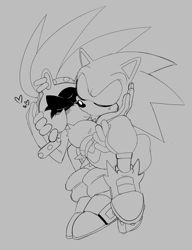 Size: 1575x2048 | Tagged: safe, artist:maniacxvii, sonic the hedgehog, surge the tenrec, hedgehog, tenrec, belt, blushing, bracelet, duo, earring, eyelashes, eyes closed, female, gloves, grey background, heart, holding each other, holding them, kiss, male, pants, ponytail, shipping, shirt, shoes, simple background, sonurge, wagging tail