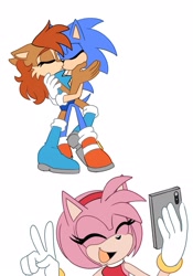 Size: 1509x2160 | Tagged: safe, artist:melodycler01, artist:melodyclerenes, amy rose, sally acorn, sonic the hedgehog, chipmunk, hedgehog, eyes closed, holding each other, hugging, kiss, mouth open, phone, sally x sonic, selfie, shipping, simple background, standing, straight, trio, v sign, white background