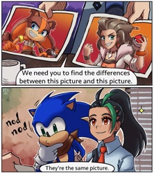 Size: 1055x1188 | Tagged: safe, artist:stoic_miiverse, sonic the hedgehog, sticks the badger, badger, hedgehog, human, crossover, meme, nemona, pokeball, pokemon, professor sada, sonic boom (tv), they're the same picture