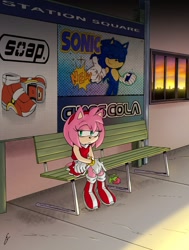 Size: 905x1200 | Tagged: safe, artist:spideyej, amy rose, sonic the hedgehog, hedgehog, bench, chaos cola, rose, sitting, soap shoes, solo, station square