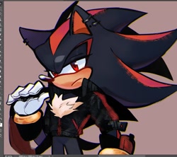 Size: 1200x1064 | Tagged: safe, artist:kinnetalt, shadow the hedgehog, hedgehog, bag slung over shoulder, beige background, jacket, piercings, simple background, solo, standing, workspace screenshot