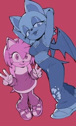 Size: 726x1200 | Tagged: safe, artist:woogle, amy rose, rouge the bat, bat, hedgehog, alternate outfit, arms up, limited palette, posing, red background, simple background, sonic riders, victory sign