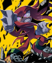 Size: 749x900 | Tagged: safe, artist:gareki, knuckles the echidna, echidna, abstract background, action, debris, fists clenched, solo, stylized