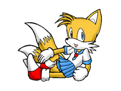 Size: 400x300 | Tagged: artist needed, source needed, safe, miles "tails" prower, fox, 2012, clenched fist, dress, femboy, gloves, looking at viewer, male, mouth open, posing, shoes, simple background, socks, solo, white background