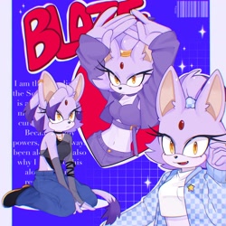 Size: 3600x3600 | Tagged: dead source, safe, artist:octoooo__, blaze the cat, cat, abstract background, cover art, hair over one eye, looking at viewer, looking offscreen, magazine, midriff, solo