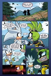 Size: 2739x4096 | Tagged: safe, artist:lemon eyebrows, silver the hedgehog, surge the tenrec, hedgehog, tenrec, comic:surge's last shot, daytime, dialogue, duo, flower, forest, mountain, sharp teeth