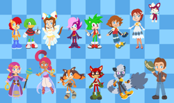 Size: 2584x1532 | Tagged: safe, artist:the-gitz, chip, chris thorndyke, gadget the wolf, manik the hedgehog, merlina the wizard, princess elise, princess sara, sally acorn, shahra, sonia the hedgehog, sticks the badger, tangle the lemur, tekno the canary, tom wachowski, badger, bird, chipmunk, hedgehog, human, lemur, wolf, sonic and the black knight, sonic forces, sonic the hedgehog (2006), sonic the hedgehog (2020), sonic the ova, sonic underground, sonic unleashed, abstract background, canary, djinn, everyone is here, female, group, lineless, male, skirt, sonic and the secret rings, sonic boom (tv), sonic x, townsperson, wall of tags