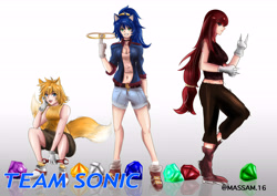 Size: 7016x4961 | Tagged: safe, artist:massam-16, knuckles the echidna, miles "tails" prower, sonic the hedgehog, human, anime, chaos emerald, cleavage, female, females only, gender swap, gloves, gradient background, holding something, humanized, looking at viewer, partially humanized, ring, shorts, spanner, squatting, standing, standing on one leg, style emulation, team sonic, trio