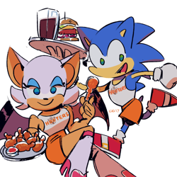 Size: 1200x1200 | Tagged: safe, artist:cigardoesart, rouge the bat, sonic the hedgehog, bat, hedgehog, burger, chicken wings, drink, duo, female, gloves, hooters outfit, looking at viewer, male, mouth open, plate, running, sauce, shoes, simple background, smile, socks, white background