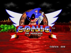 Size: 480x360 | Tagged: semi-grimdark, sonic the hedgehog, oc, oc:sonic.exe, hedgehog, sonic the hedgehog (1991), alignment swap, black sclera, bleeding from eyes, blood, creepypasta, it begins, meme origin, red eyes, screenshot, solo, title screen