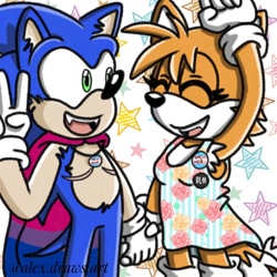 Size: 1000x1000 | Tagged: dead source, safe, artist:scrapyardrat, miles "tails" prower, sonic the hedgehog, fox, hedgehog, abstract background, badge, bisexual pride, black lives matter, cape, chest fluff, clenched fist, cute, dress, duo, eyes closed, fangs, female, fluffy, gloves, headcanon, holding hands, looking at them, male, mouth open, necklace, pride, pride cape, pronouns badge, scars, socks, sonabetes, standing, star (symbol), tailabetes, top surgery scars, trans female, trans girl tails, trans male, trans pride, v sign