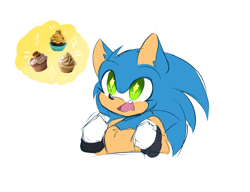 Size: 2291x1757 | Tagged: safe, artist:syrcaii, sonic the hedgehog, hedgehog, au:resonance, chest fluff, clenched fists, cupcake, gloves, mouth open, nonbinary, simple background, solo, sparkling eyes, thinking, thought bubble, white background