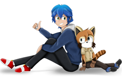 Size: 3922x2613 | Tagged: safe, artist:blueblurarts, sonic the hedgehog, tom wachowski, human, sonic the hedgehog (2020), back to back, clenched teeth, duo, gloves, hand shocker, hoodie, humanized, looking at each other, male, males only, mobianified, pants, red panda, role swap, sheriff star, shoes, simple background, sitting, smile, socks, species swap, thumbs up, white background