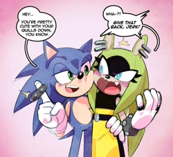 Size: 2200x2000 | Tagged: safe, artist:maniacxvii, artist:ppdppl_art, sonic the hedgehog, surge the tenrec, hedgehog, tenrec, dialogue, female, gradient background, holding them, looking at each other, male, proship, shipping, sonurge, straight