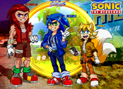 Size: 1680x1225 | Tagged: safe, artist:emil-inze, knuckles the echidna, miles "tails" prower, sonic the hedgehog, human, humanized, partially humanized, portal, remote controller, team sonic, trio