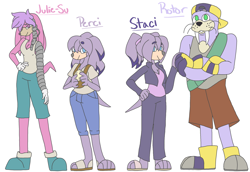 Size: 4584x3150 | Tagged: safe, artist:legyolk, julie-su, perci the bandicoot, rotor walrus, staci the bandicoot, echidna, walrus, aged up, alternate outfit, alternate universe, au:the bright zone, bandicoot, crack shipping, female, group, lesbian, perci-su, rostaci, simple background, sonic boom (tv), straight, white background