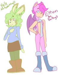 Size: 2450x3150 | Tagged: safe, artist:legyolk, oc, oc:belle the rabbit, oc:ethan the bat, bat, rabbit, au:the bright zone, duo, fankid, female, magical lesbian spawn, male, parent:cream, parent:manic, parent:rouge, parent:sonia, parents:manream, parents:rougia, simple background, white background