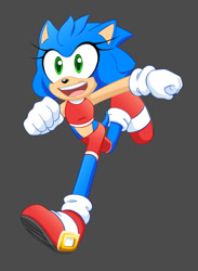 Size: 540x739 | Tagged: safe, artist:humancartoonart, sonic the hedgehog, hedgehog, alternate outfit, clenched fists, crop top, eyelashes, female, gender swap, gloves, grey background, looking ahead, mouth open, running, shoes, shorts, simple background, socks, solo