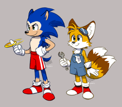 Size: 932x822 | Tagged: safe, artist:pandaman85, miles "tails" prower, sonic the hedgehog, fox, hedgehog, chest fluff, colored ears, colored tail, duo, ear fluff, fur markings, gloves, goggles on head, grey background, hand on hip, looking offscreen, male, males only, overalls, redesign, ring, shoes, shorts, signature, simple background, smile, socks, spanner, spinning, standing