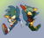 Size: 1400x1200 | Tagged: safe, artist:royalbootlace, sonic the hedgehog, zonic the zone cop, hedgehog, banana, boots, clenched fist, duality, duo, food, gloves, gradient background, gun, holding something, looking at each other, male, males only, mid-air, self paradox, shoes, smile, socks
