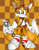 Size: 1399x1798 | Tagged: safe, artist:flam3zero, miles "tails" prower, fox, abstract background, belt, checkered background, gloves, goggles on head, holding something, looking offscreen, male, shoes, smile, socks, solo, sonic boom (tv), standing, wrench