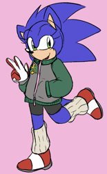 Size: 595x960 | Tagged: safe, artist:sonicaspeed123, sonic the hedgehog, hedgehog, alternate universe, au:girls girls girls (sonicaspeed123), clenched teeth, eyelashes, genderqueer, gloves, hand in pocket, jacket, leg up, lipstick, looking at viewer, shoes, shorts, smile, socks, solo, trans female, trans girl sonic, transgender, v sign, walking