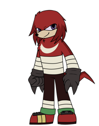 Size: 2200x2800 | Tagged: safe, artist:pegacousinceles, knuckles the echidna, echidna, bandage, black gloves, fur markings, gloves, looking at viewer, male, redesign, shoes, simple background, smile, solo, standing, transparent background