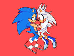 Size: 2400x1800 | Tagged: safe, artist:artyyline, silver the hedgehog, sonic the hedgehog, hedgehog, 2019, blushing, boots, cute, duo, gay, holding each other, lidded eyes, looking at each other, male, males only, mid-air, mouth open, one fang, red background, shipping, shoes, silvabetes, simple background, smile, socks, sonabetes, sonilver