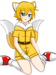 Size: 1200x1600 | Tagged: safe, artist:moonlight7earltea, miles "tails" prower, human, 2022, anime, belt, blushing, furry collar, gloves, humanized, jacket, looking at viewer, male, partially humanized, shoes, shorts, simple background, sitting, smile, socks, solo, white background, youtube link in description