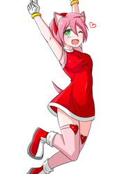 Size: 1200x1600 | Tagged: safe, artist:moonlight7earltea, amy rose, human, amy's halterneck dress, anime, arms up, boots, female, heart, humanized, long socks, looking offscreen, mouth open, nipple outline, partially humanized, smile, socks, solo, wink, youtube link in description