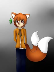 Size: 384x512 | Tagged: safe, artist:angel emmanuel, tails doll, human, fox ears, frown, genderless, gradient background, hands behind back, headlight, humanized, jacket, looking at viewer, pants, partially humanized, solo, standing, stitches, two tails