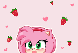 Size: 6173x4200 | Tagged: safe, artist:kittyrosie, amy rose, 2022, amybetes, blushing, heart, mouth open, outline, solo, strawberry