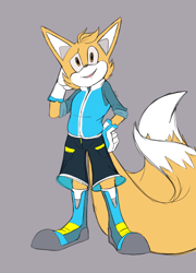 Size: 1920x2669 | Tagged: dead source, safe, artist:roxyjam101, skye prower, fox, boots, flat colors, gloves, grey background, hand on hip, hand on own face, jacket, looking up, male, redesign, shorts, simple background, smile, solo, teenager, two tails