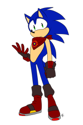 Size: 2000x3000 | Tagged: safe, artist:gingygin, sonic the hedgehog, hedgehog, bandana, boots, clenched fist, flat colors, frown, gloves, looking at viewer, male, redesign, signature, simple background, socks, solo, standing, transparent background