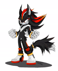 Size: 2000x2452 | Tagged: safe, artist:fenrirez, shadow the hedgehog, wolf, back fluff, chest fluff, chipped ear, clenched fists, frown, gloves, looking ahead, male, one fang, shoes, signature, simple background, solo, species swap, standing, white background