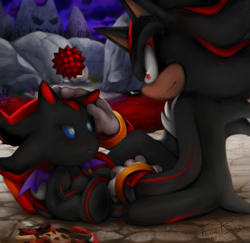 Size: 1023x995 | Tagged: safe, artist:fenrirez, shadow the hedgehog, chao, hedgehog, sonic adventure 2, blushing, chalk, character chao, chest fluff, dark chao garden, drawing, duo, gloves, lineless, looking at each other, males only, mouth open, no outlines, petting, shadow chao, signature, sitting, smile