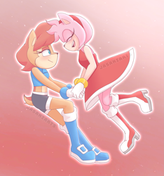 Size: 1963x2093 | Tagged: safe, artist:jasakiarts, amy rose, sally acorn, chipmunk, hedgehog, amybetes, blushing, boots, cute, duo, female, females only, gloves, gradient background, holding hands, lesbian, lidded eyes, looking at them, mid-air, mouth open, sallabetes, sallamy, shipping, smile, socks