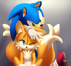 Size: 1400x1300 | Tagged: safe, artist:myly14, miles "tails" prower, sonic the hedgehog, fox, hedgehog, arm-rest, chest fluff, cute, duo, frown, gloves, gradient background, lineless, looking at them, male, males only, no outlines, one eye closed, shoes, signature, sitting, sonabetes, tailabetes, tongue out, v sign