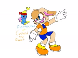 Size: 2048x1536 | Tagged: safe, artist:sparklegirl13, cheese (chao), cream the rabbit, chao, rabbit, blushing, character name, cheeseabetes, child, creamabetes, cute, duo, english text, eyelashes, female, flat colors, flying, gender swap, gloves, headscarf, looking at viewer, looking offscreen, male, mouth open, neutral chao, redesign, shirt, shoes, shorts, simple background, smile, socks, white background, wink