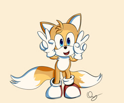 Size: 1024x854 | Tagged: safe, artist:darkniu, miles "tails" prower, fox, 2018, child, cream background, cute, double v sign, gloves, looking at viewer, male, mouth open, redraw, shadow the hedgehog (video game), shoes, signature, simple background, smile, socks, solo, standing, tailabetes